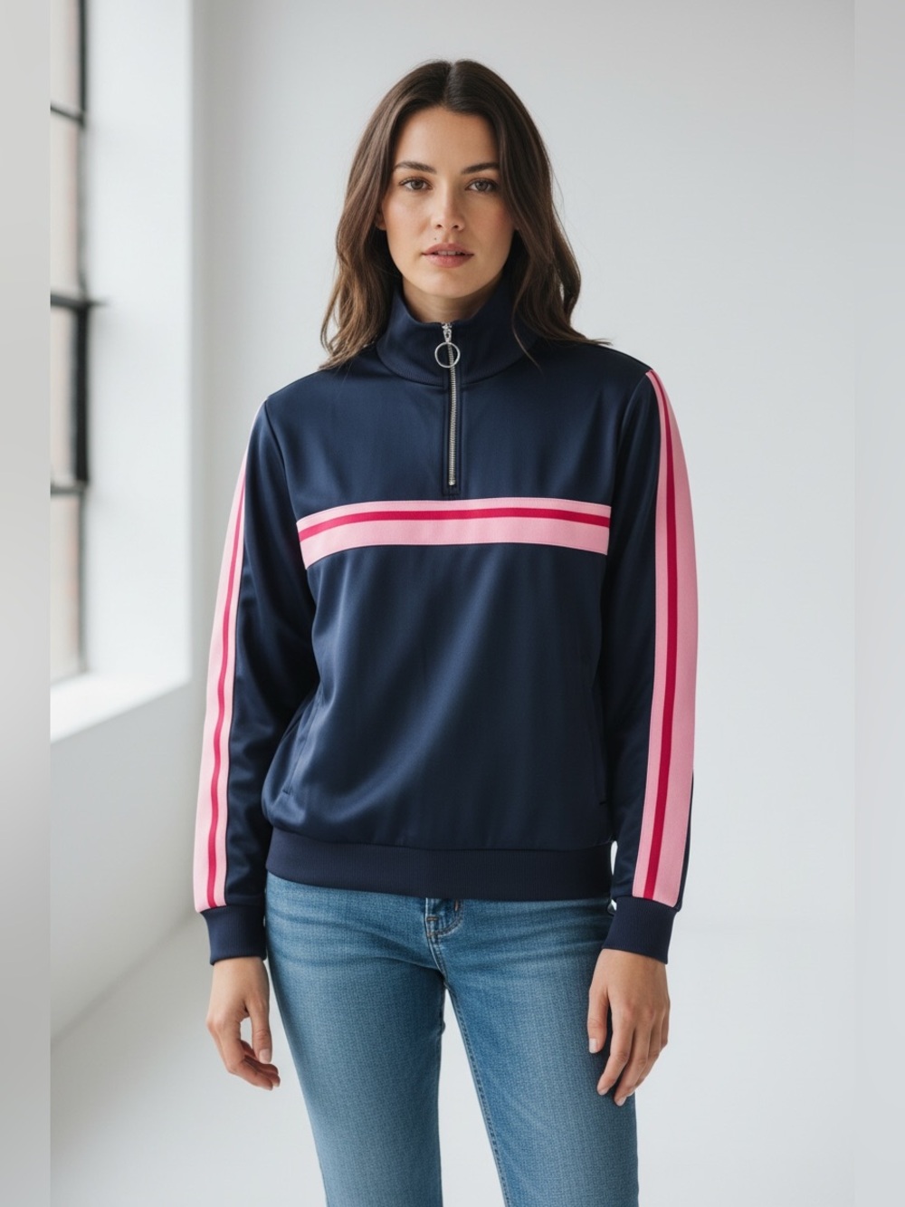 Topshop Vintage Limited Edition 2018 1/4-Zip Track Jacket Navy/Retro Pink/Red US